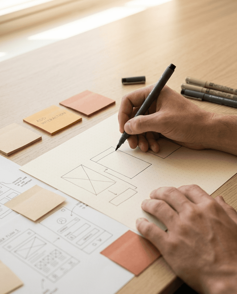 Hands sketching wireframes on dot-grid paper — the human craft of web design