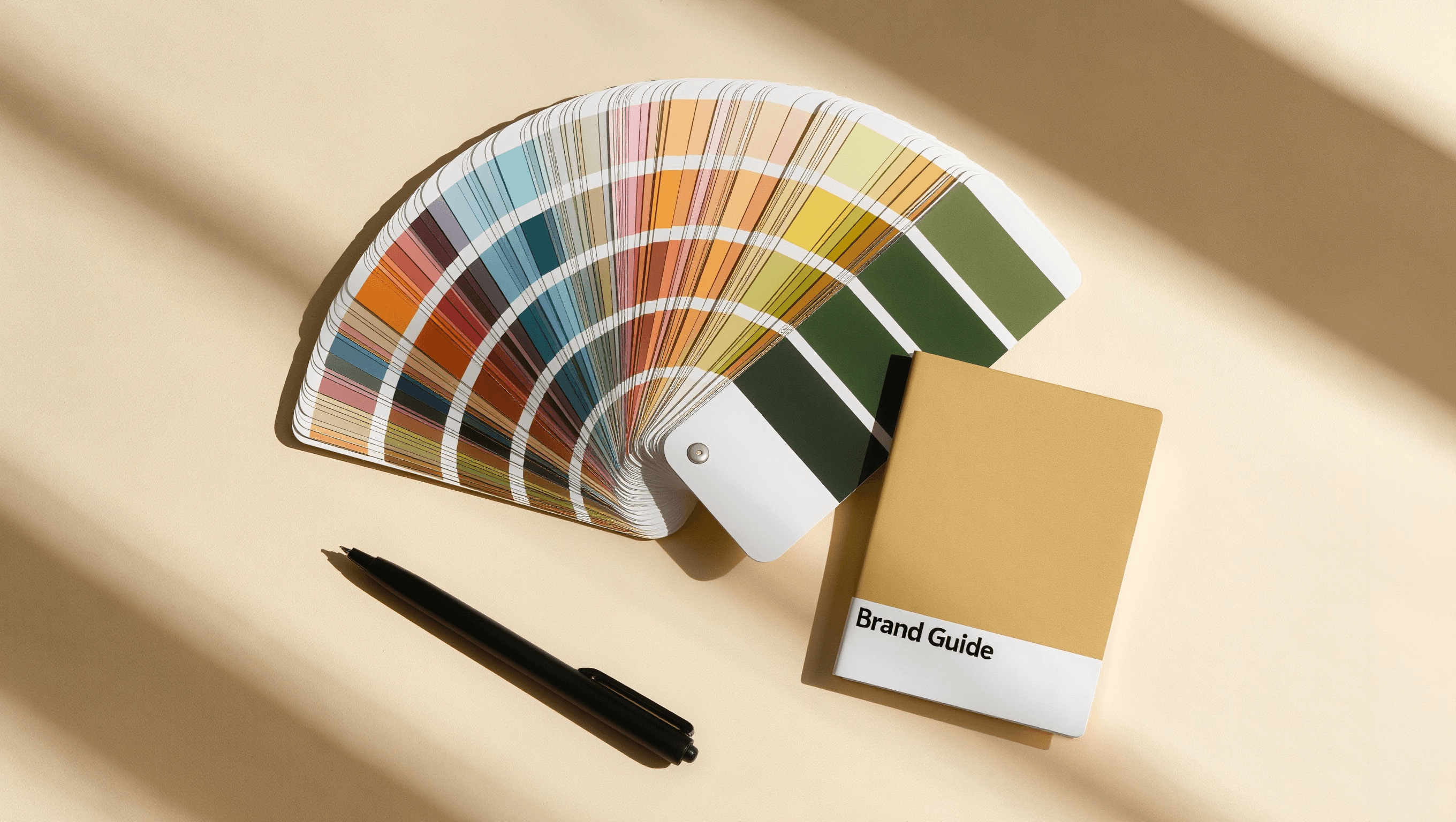 Design identity craft — color swatches, brand guide booklet, pen