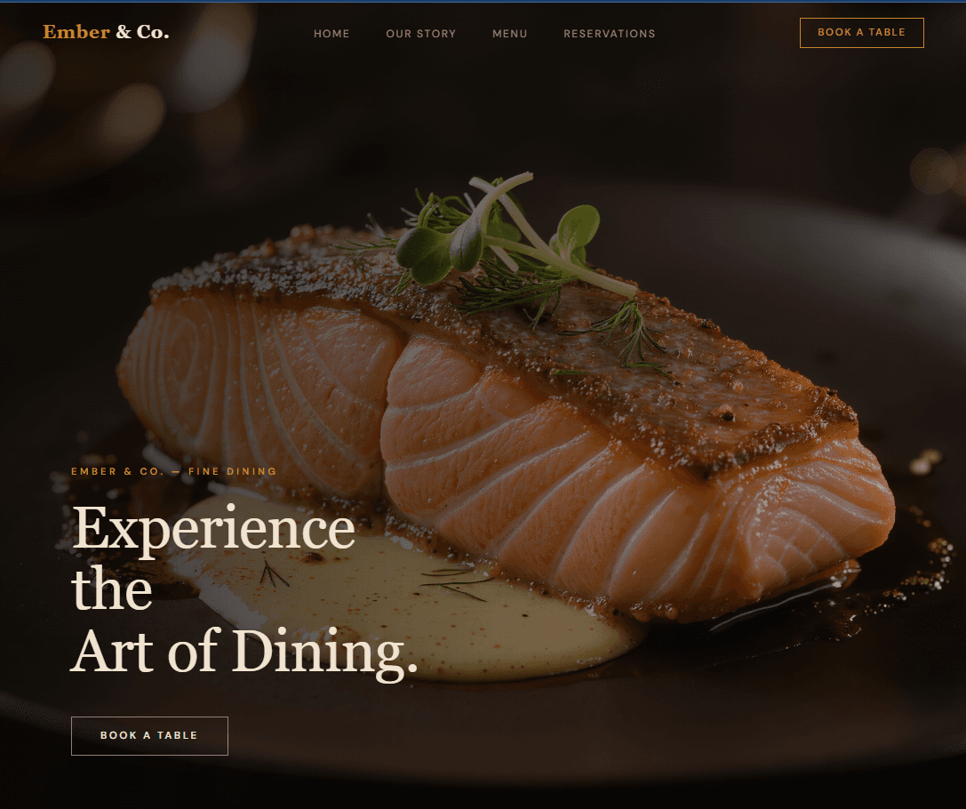 Ember & Co. restaurant homepage showing a dark moody hero with food photography and reservation form